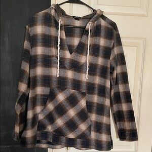 Forever 21 Black Brown Cream Plaid Hooded Tunic